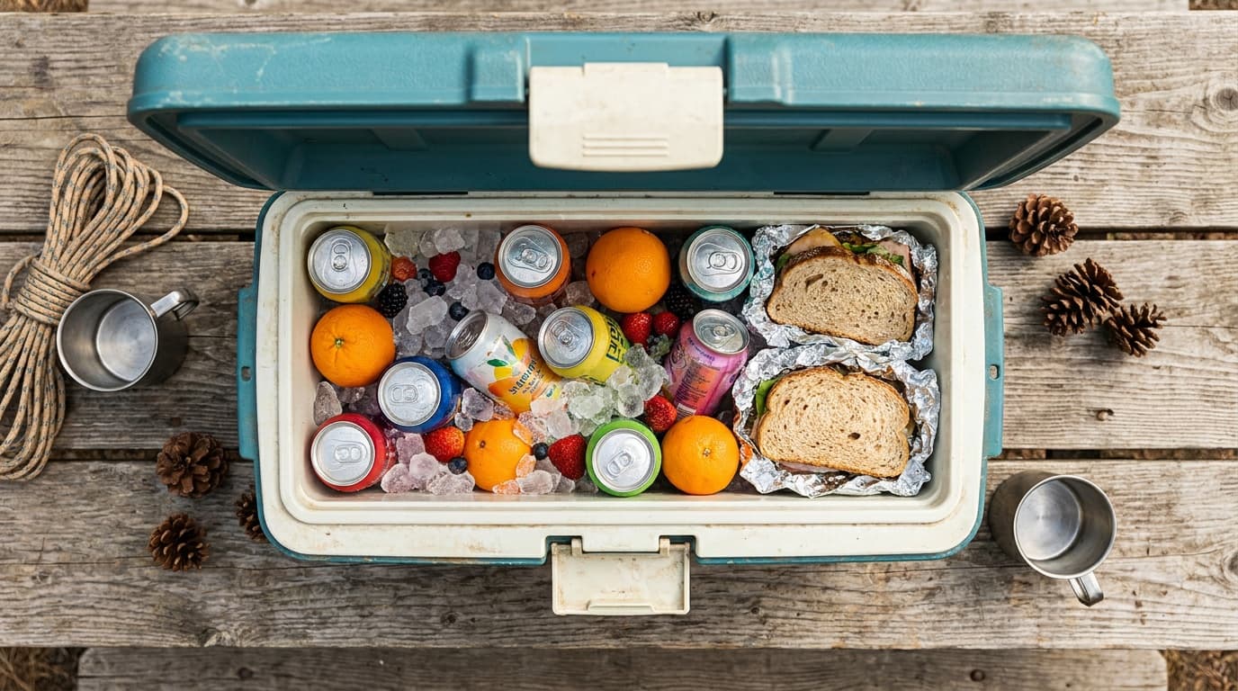 An open camping cooler packed with ice, cold drinks, and food on a picnic table