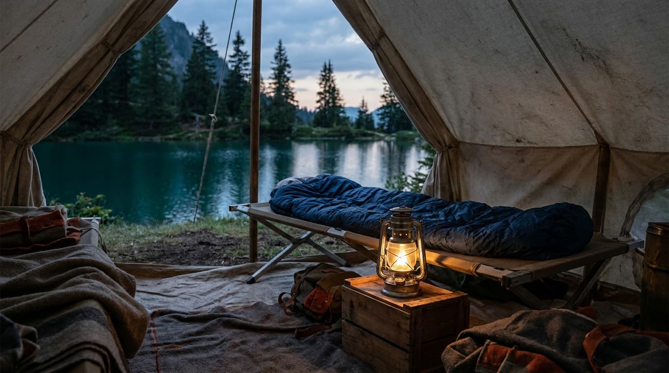 A freestanding camping cot set up inside a canvas tent at dusk, with a sleeping bag and lantern beside it