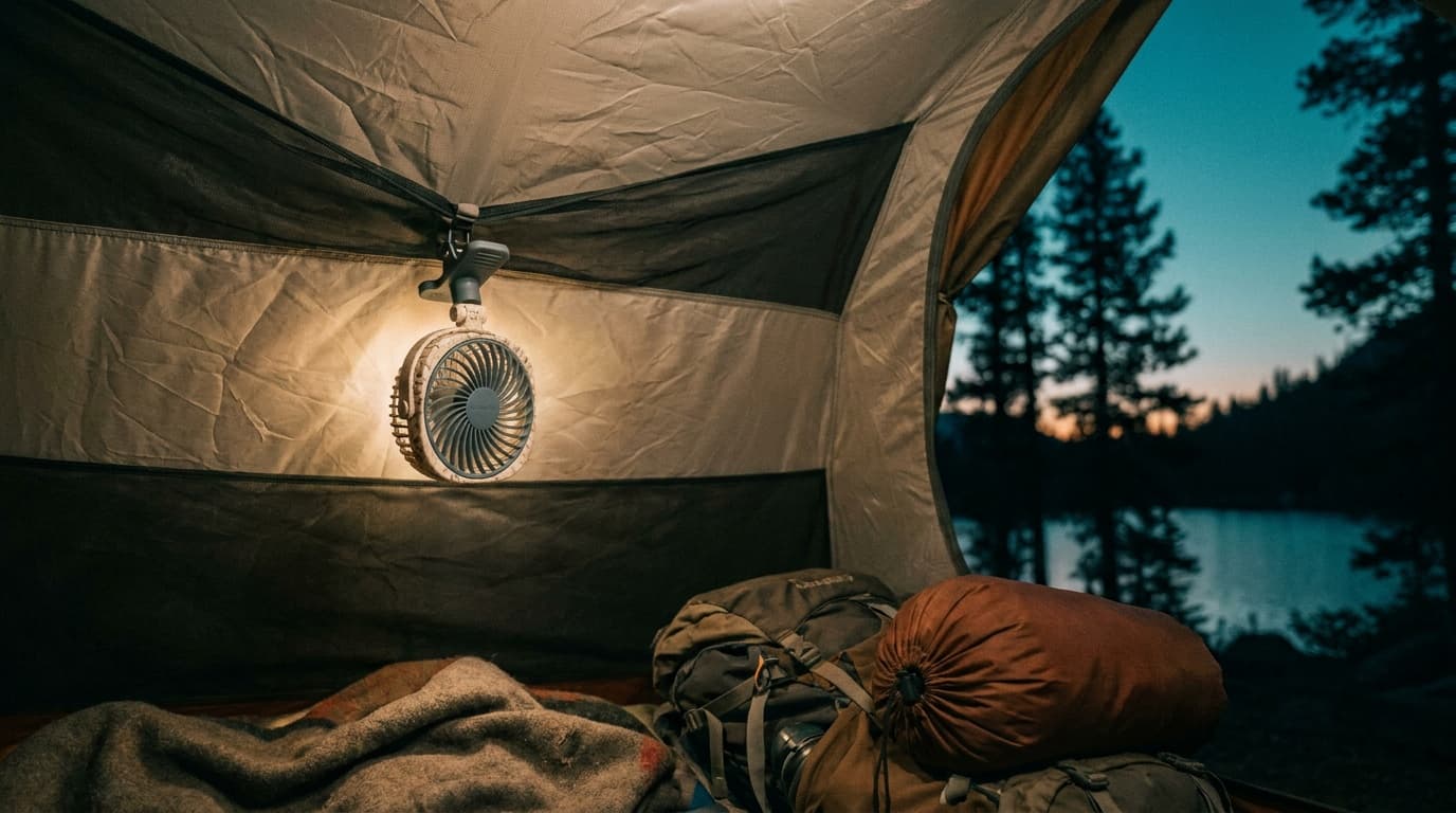 A portable rechargeable camping fan clipped to the mesh ceiling of a tent on a warm summer night, with trees visible through the open door panel