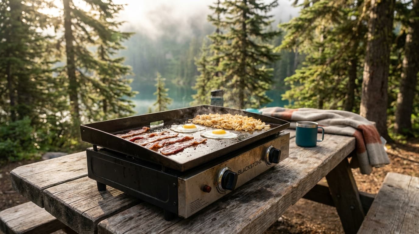 A Blackstone 22-inch tabletop griddle loaded with bacon, eggs, and hash browns on a picnic table at a forested campsite, morning light cutting through the trees