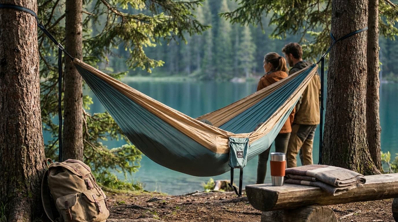 A double hammock strung between two tall pines at a forested campsite, late-afternoon light filtering through the canopy onto the ripstop nylon fabric