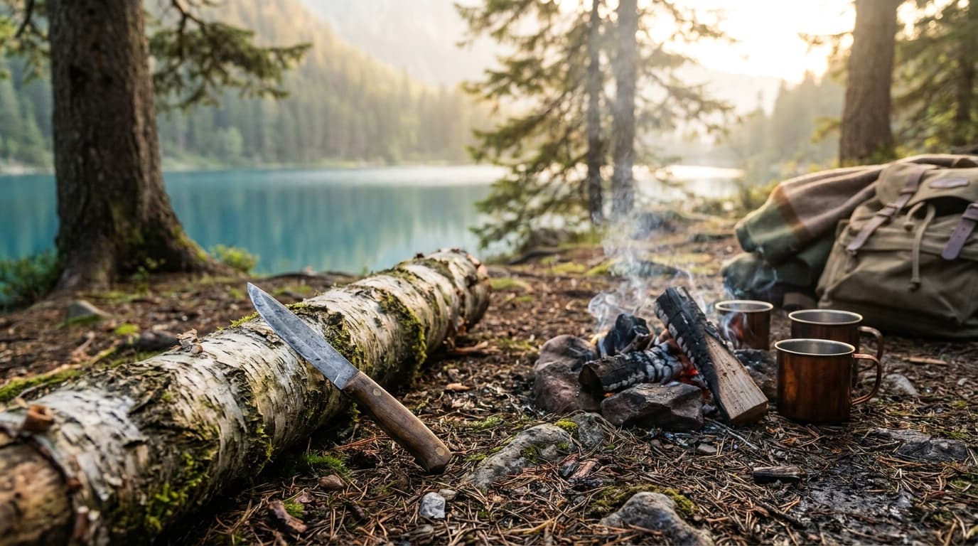 A fixed-blade camping knife resting on a birch log beside a small camp fire, forest floor with pine needles in soft morning light