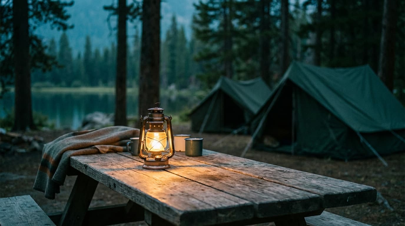 A glowing camping lantern on a picnic table at dusk, pine trees silhouetted against a deep blue sky