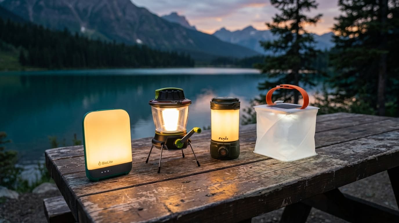 A glowing camping lantern on a picnic table at dusk, pine trees silhouetted against a deep blue sky