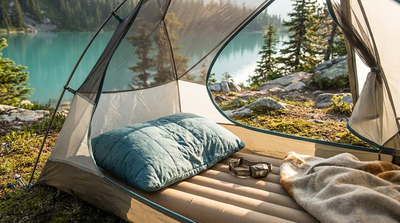 A lightweight camping pillow resting on a sleeping pad inside a backpacking tent, with a headlamp and morning light filtering through the tent door
