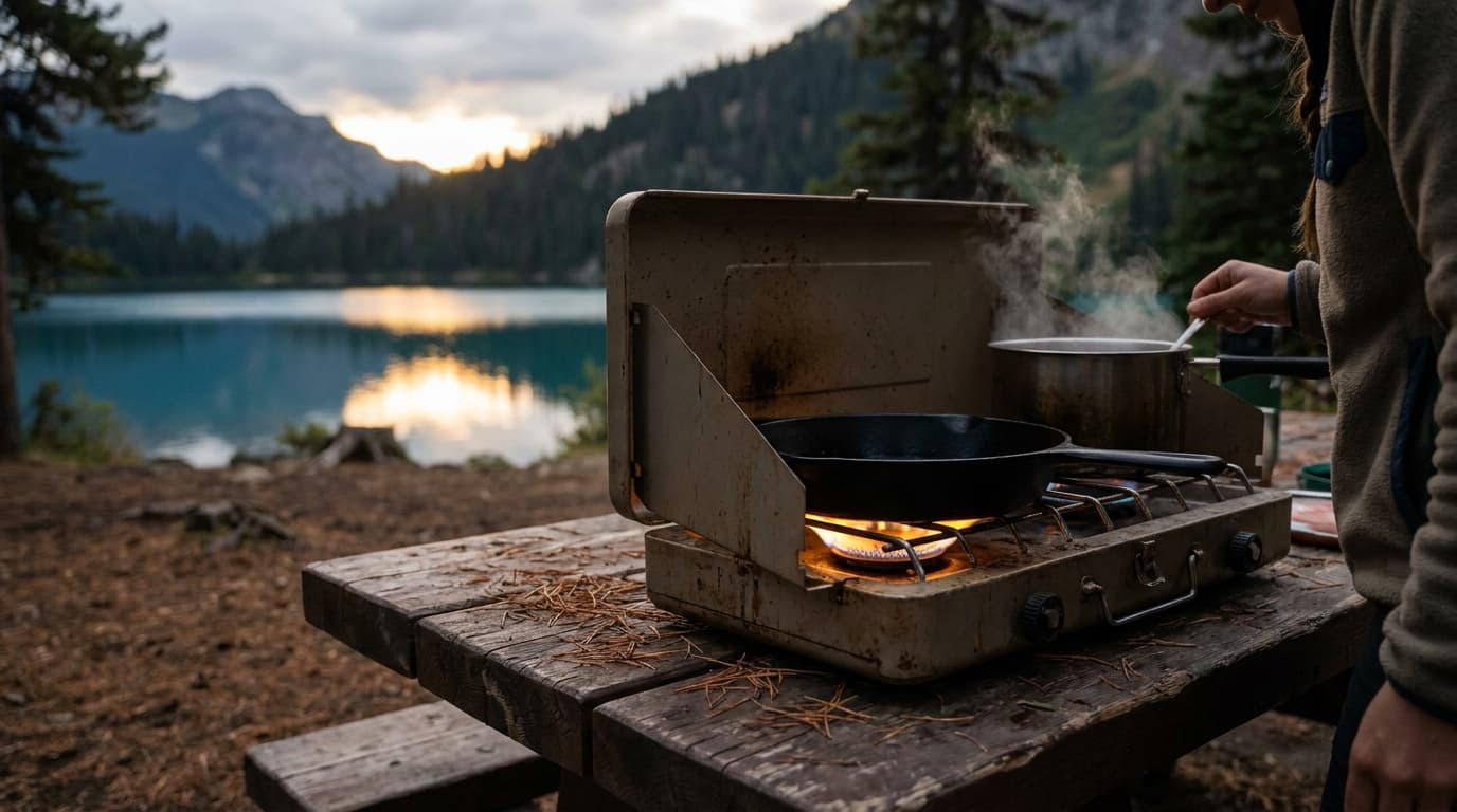 A two-burner propane stove on a wooden camp table at a pine-forested car-camping site, with a cast-iron pan heating on one burner and a pot of water on the other at dusk