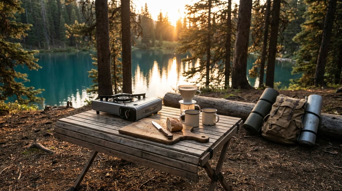 A roll-top camping table set up at a forest campsite with a camp stove, cutting board, and coffee gear arranged on the surface at golden hour