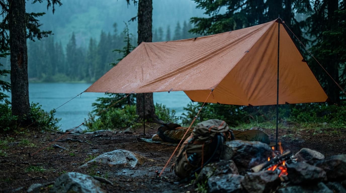 A silnylon tarp pitched low over a forest campsite at dusk, guy lines tensioned between two pines, rain beading and sheeting off the bright orange canopy