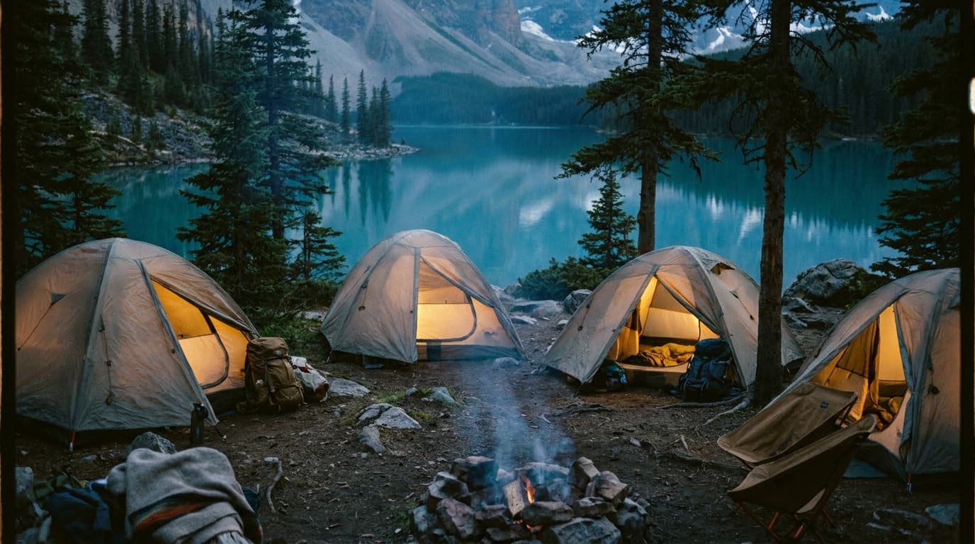 A family campsite at dusk with a dome tent glowing from the inside, pine trees in soft focus behind it