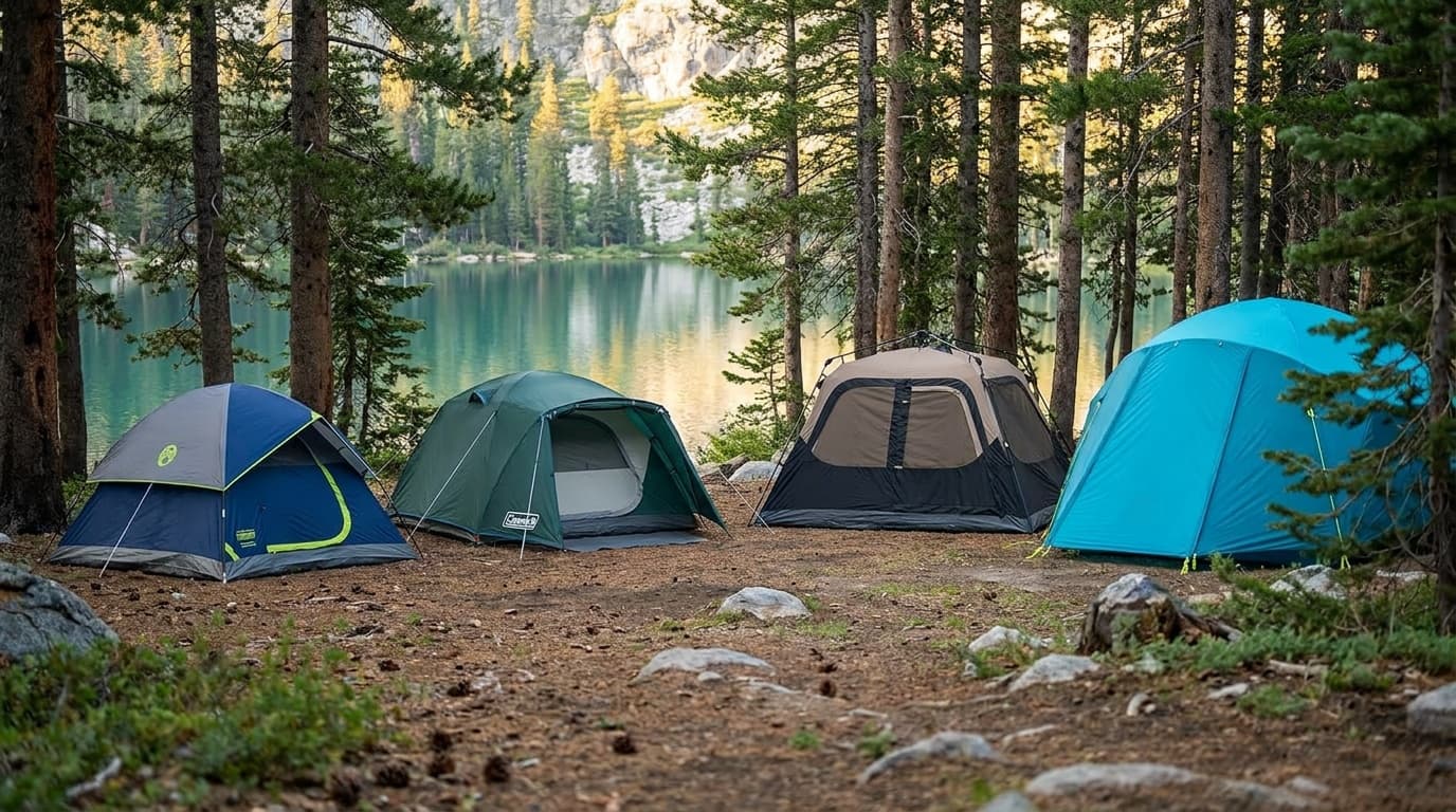Four beginner camping tents compared side by side, including Coleman dome and cabin tents and the NEMO Aurora Highrise