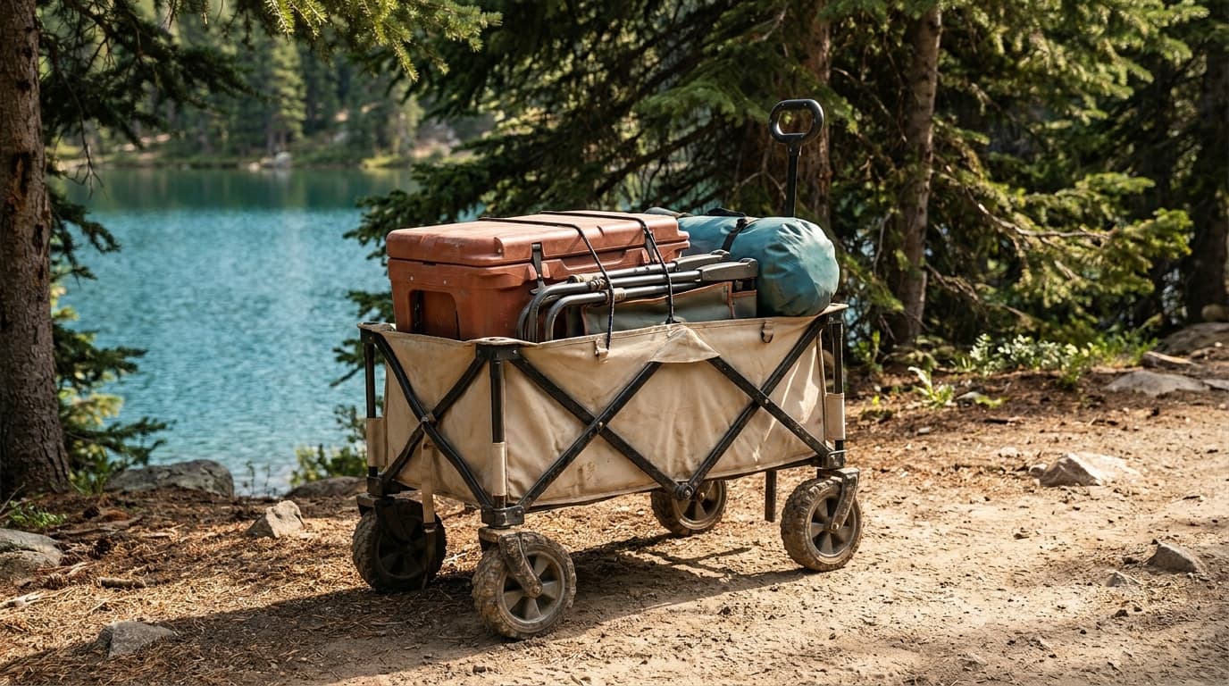 A fully loaded folding camping wagon with all-terrain wheels parked on a sandy campsite path, packed with a cooler, camp chairs, and a dry bag under a late-afternoon tree canopy