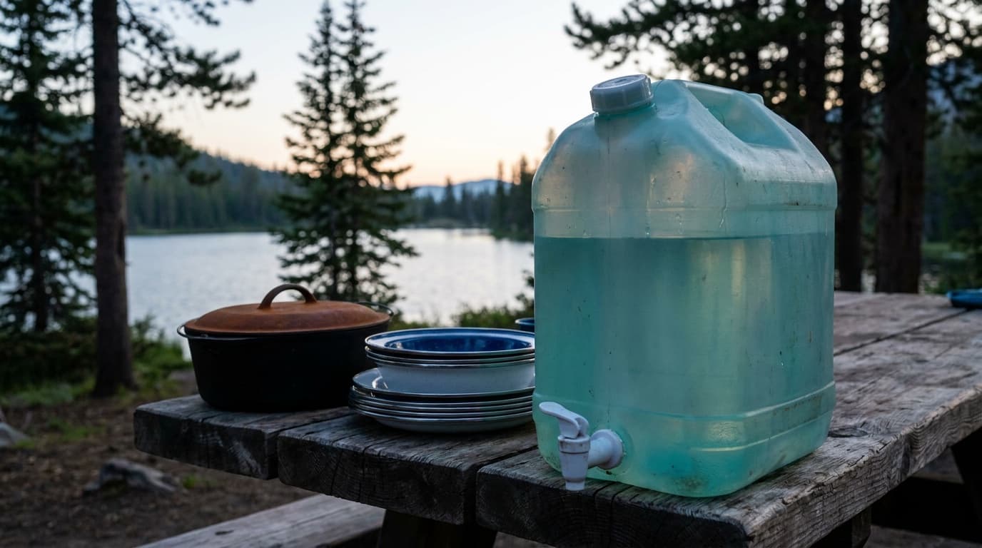A filled 5-gallon water container with a spigot sitting on a wooden camp table at dusk, surrounded by pine trees and camp cookware