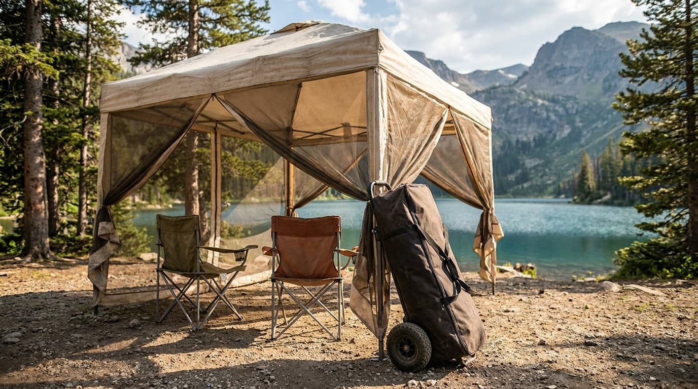 A 10x10 pop-up canopy set up at a sunny campground with camping chairs underneath and a wheeled carry bag propped against one leg