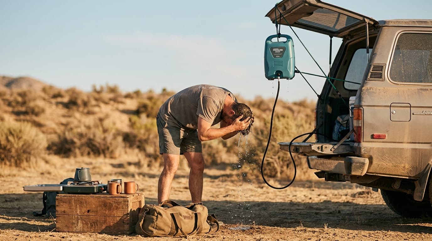 A person rinsing off under a portable pressure shower rigged to an open tailgate at a dusty desert campsite, late afternoon light