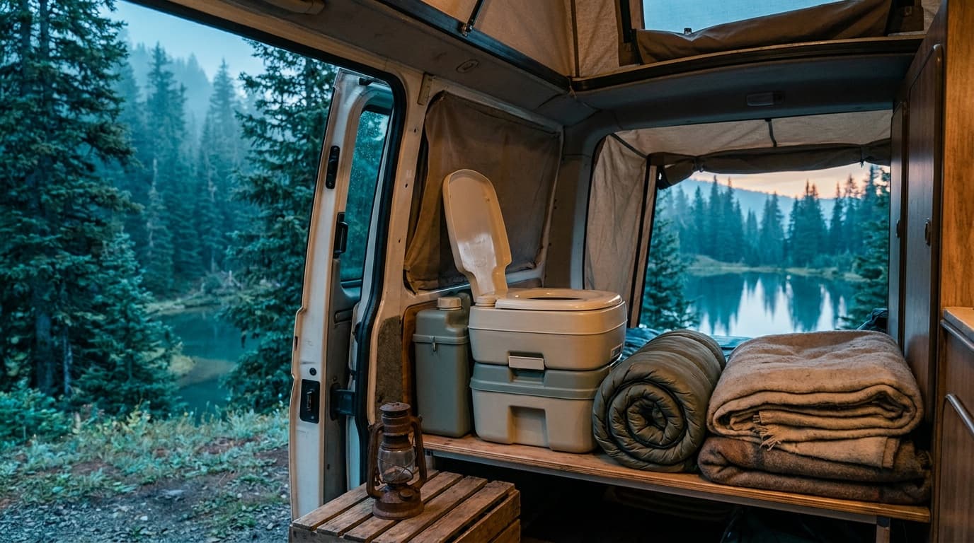 A flush-style portable camping toilet set up inside a rooftop-tent van conversion, with pine forest visible through the open sliding door at dusk