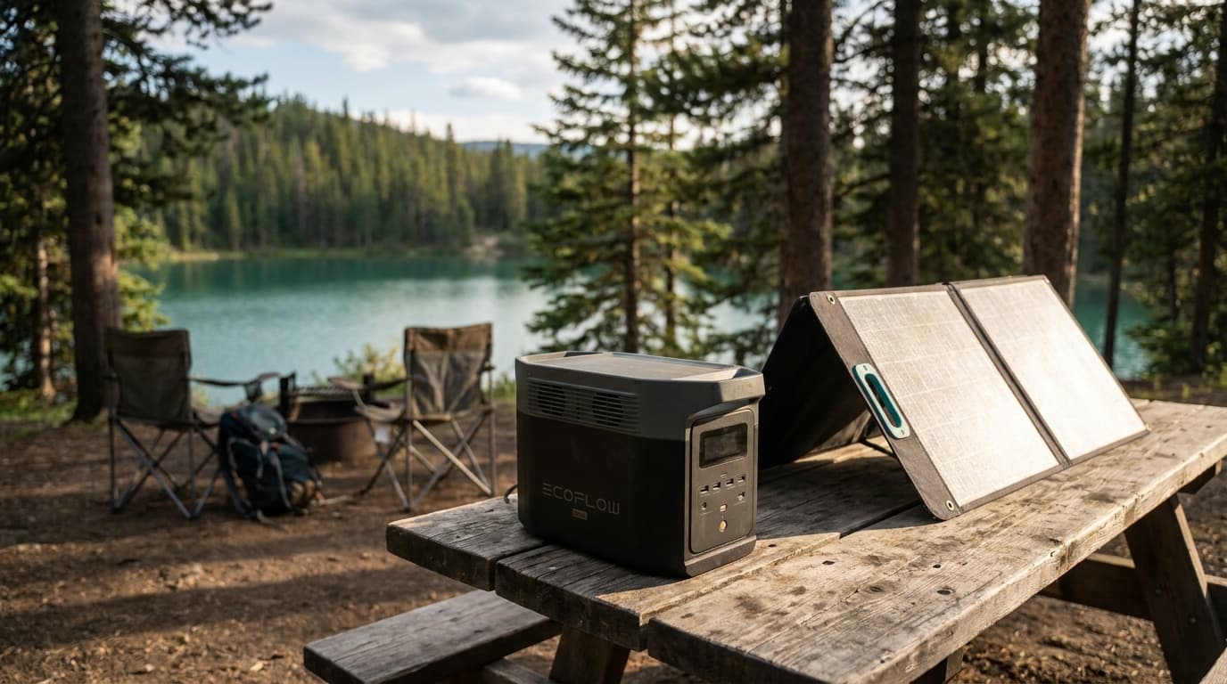 An EcoFlow DELTA 2 portable power station sitting on a wooden picnic table at a forested campsite, solar panel propped open in the afternoon sun, camp chairs visible in the background