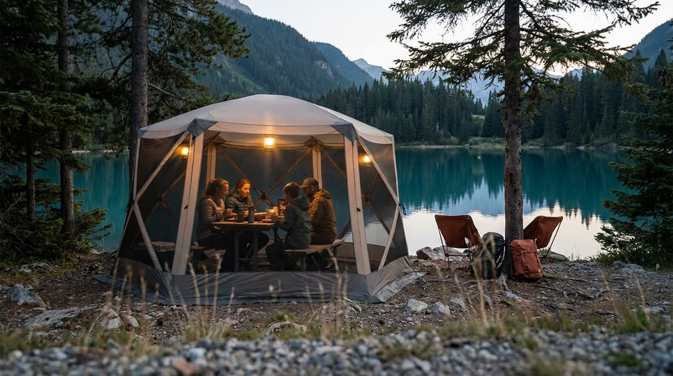 A large screened shelter set up at a lakeside campsite at dusk, warm light glowing through the mesh walls while a family eats dinner inside, trees reflected in the still water behind it