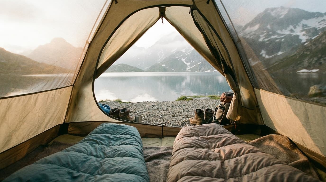 A tent sleep system with sleeping bags, insulated pads, pillows, and a lantern ready for the night