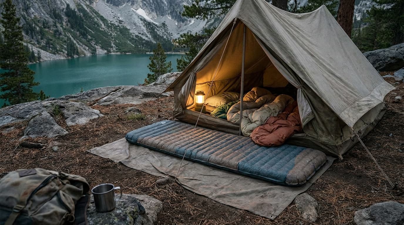 A backpacker unrolling a sleeping pad inside a tent pitched above a mountain lake at dusk, warm light through the door