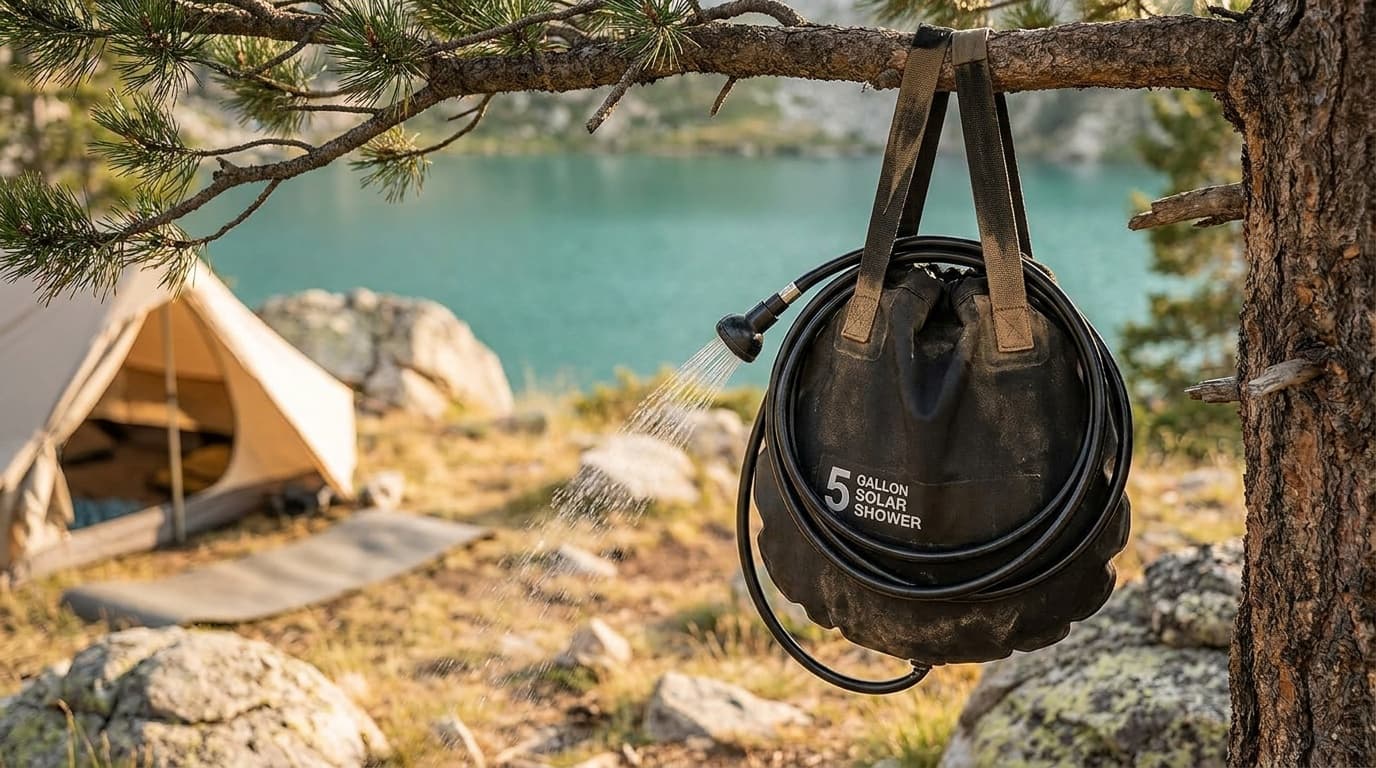 A black solar shower bag hanging from a pine branch at a sunny campsite, water streaming from the nozzle in warm afternoon light