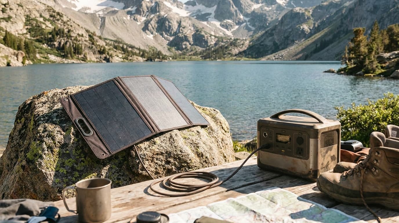 A foldable solar panel propped open against a rock at a sunny base camp, charging cable running to a power station on a camp table