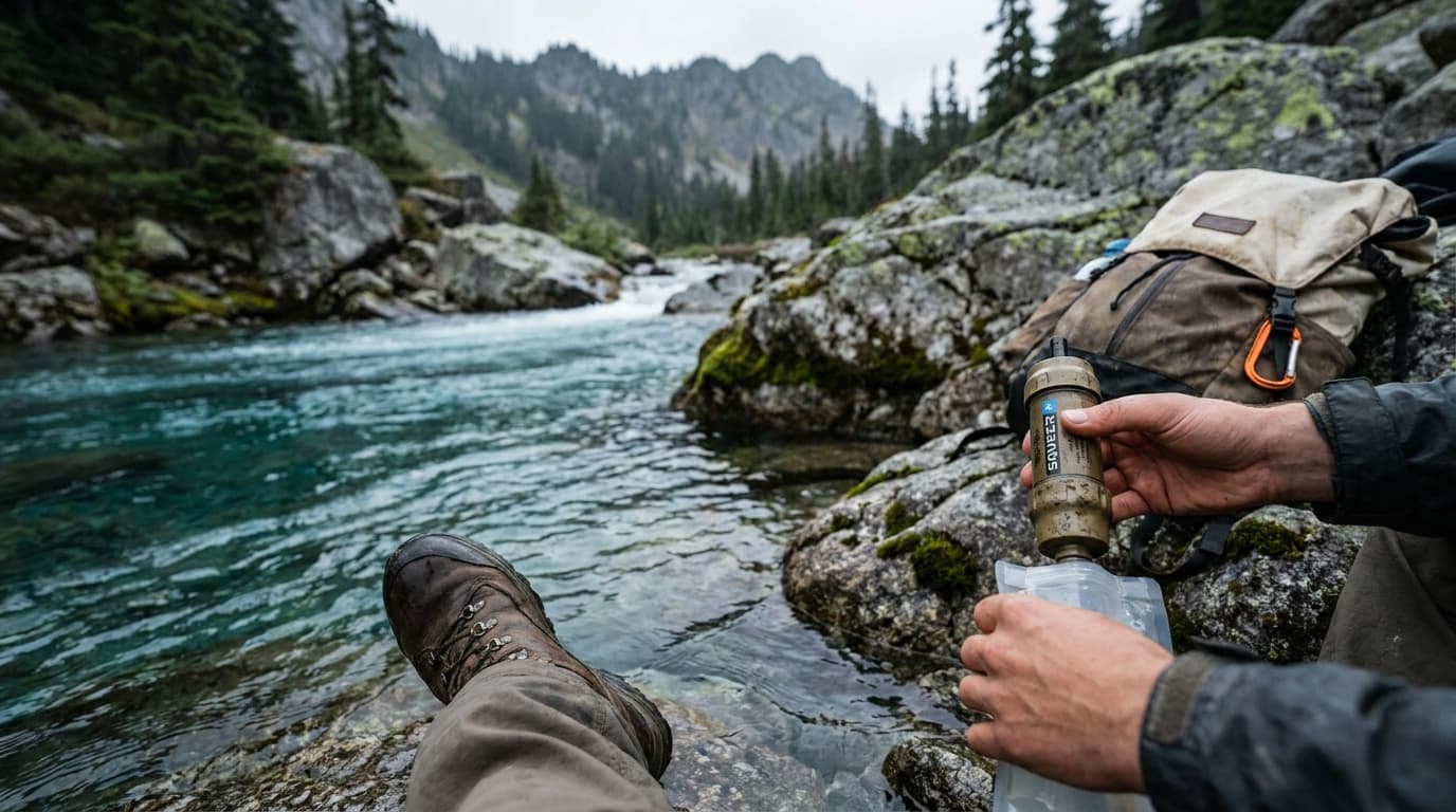 A backpacker fills a Sawyer Squeeze filter bottle from a clear alpine stream surrounded by granite boulders and a conifer ridgeline in the background