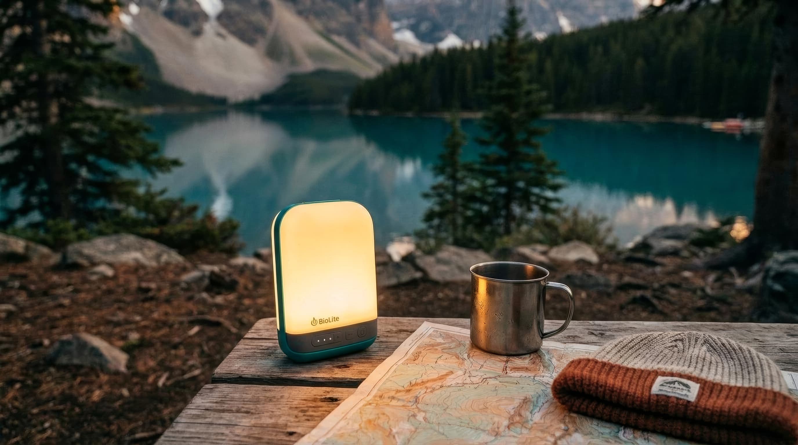BioLite AlpenGlow 500 lantern displayed clearly with warm campsite light