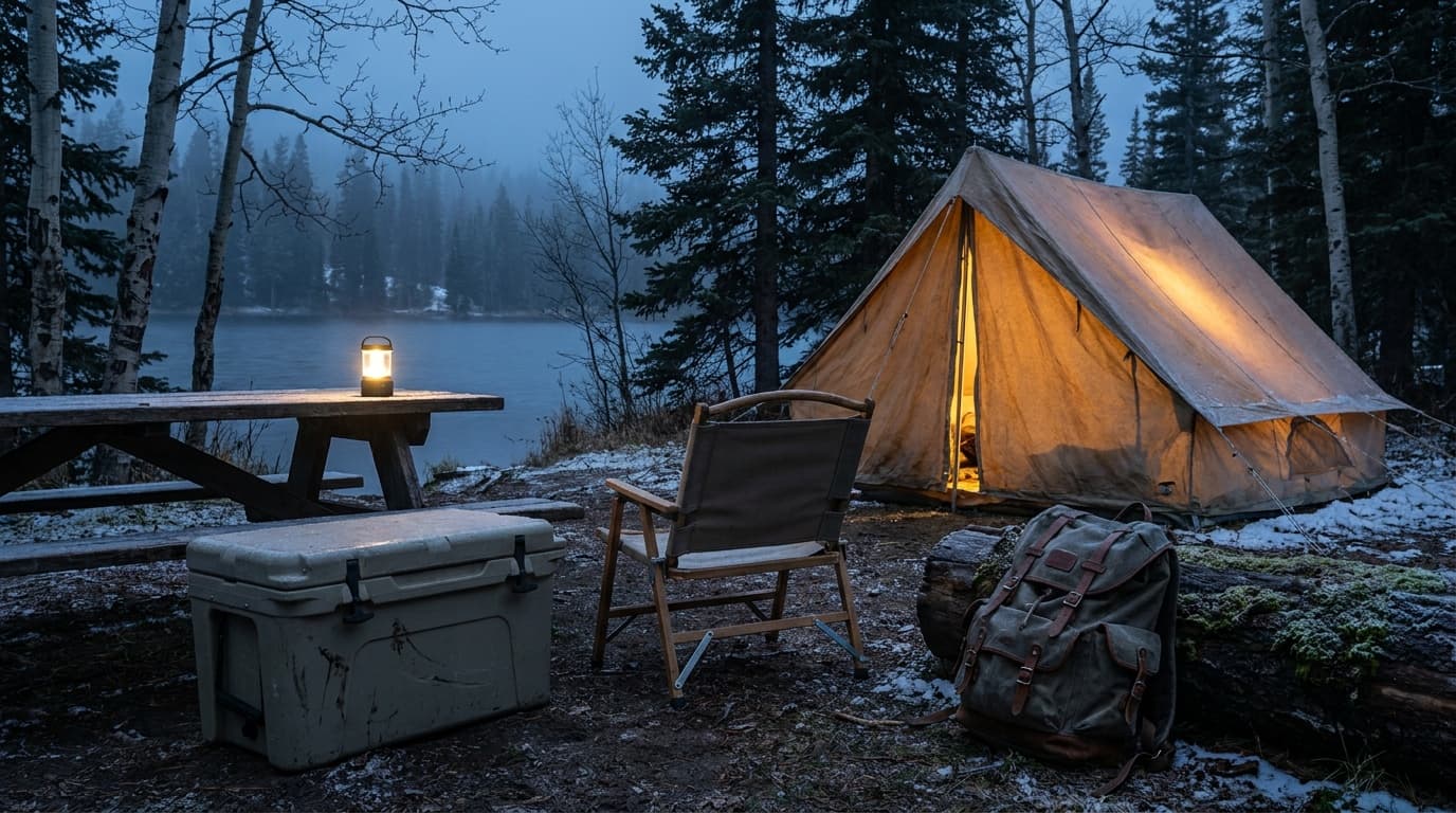 A late-autumn campsite at dusk with light snow, a canvas tent glowing from inside, a hard cooler, a folded camp chair, a lantern on a picnic table, and a packed backpack against a log