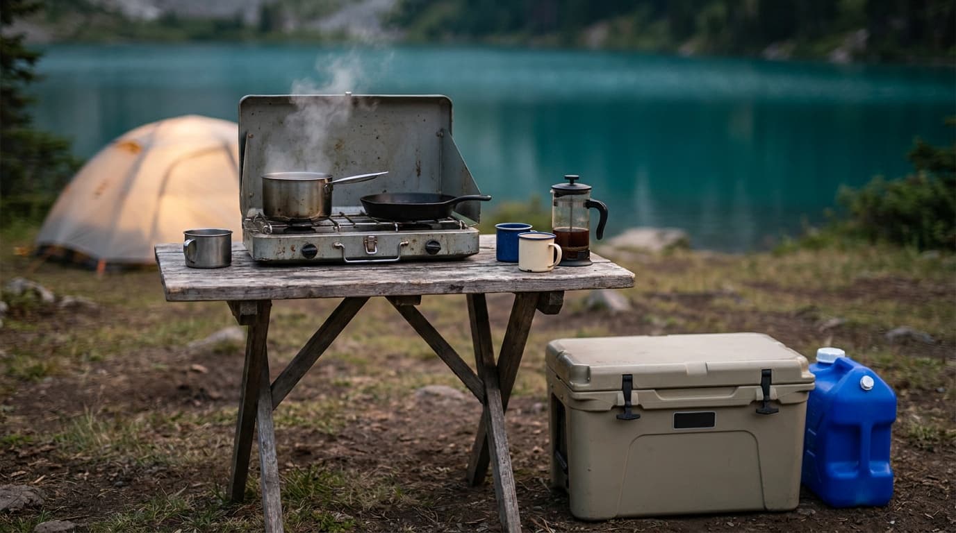 Two-burner stove, cookware, coffee maker, cooler, and camp table