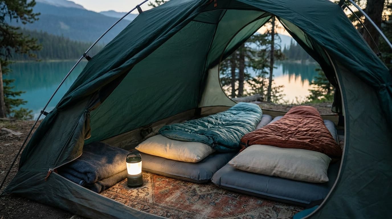 Inside an open tent at dusk by an alpine lake: two sleeping bags on insulated pads with camp pillows, a folded blanket, and a small glowing lantern