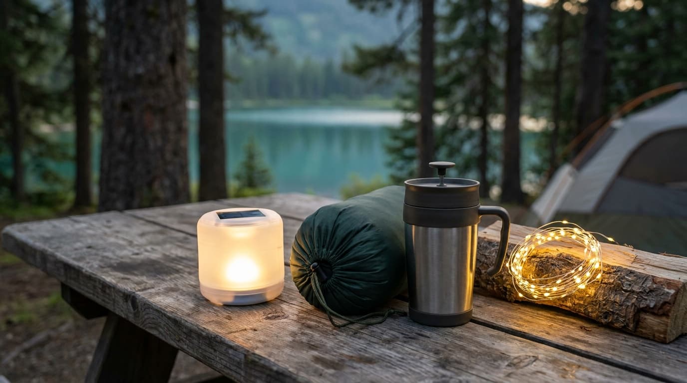 Camping gifts arranged on a wooden picnic table at a forest campsite: a glowing solar lantern, packed hammock, coffee press, and string lights at dusk
