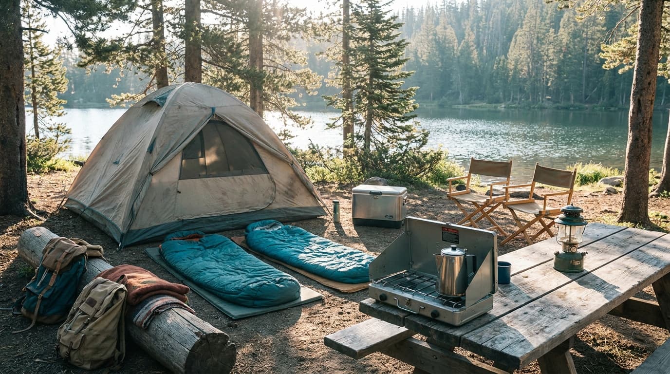 A complete beginner car-camping setup arranged at a campsite