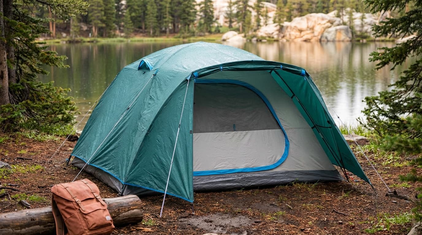 Coleman Skydome 4-Person tent with its green full rainfly and front vestibule pitched