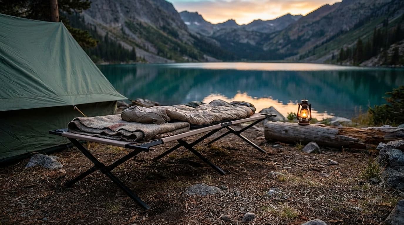 Coleman Trailhead II cot assembled at a simple family campsite