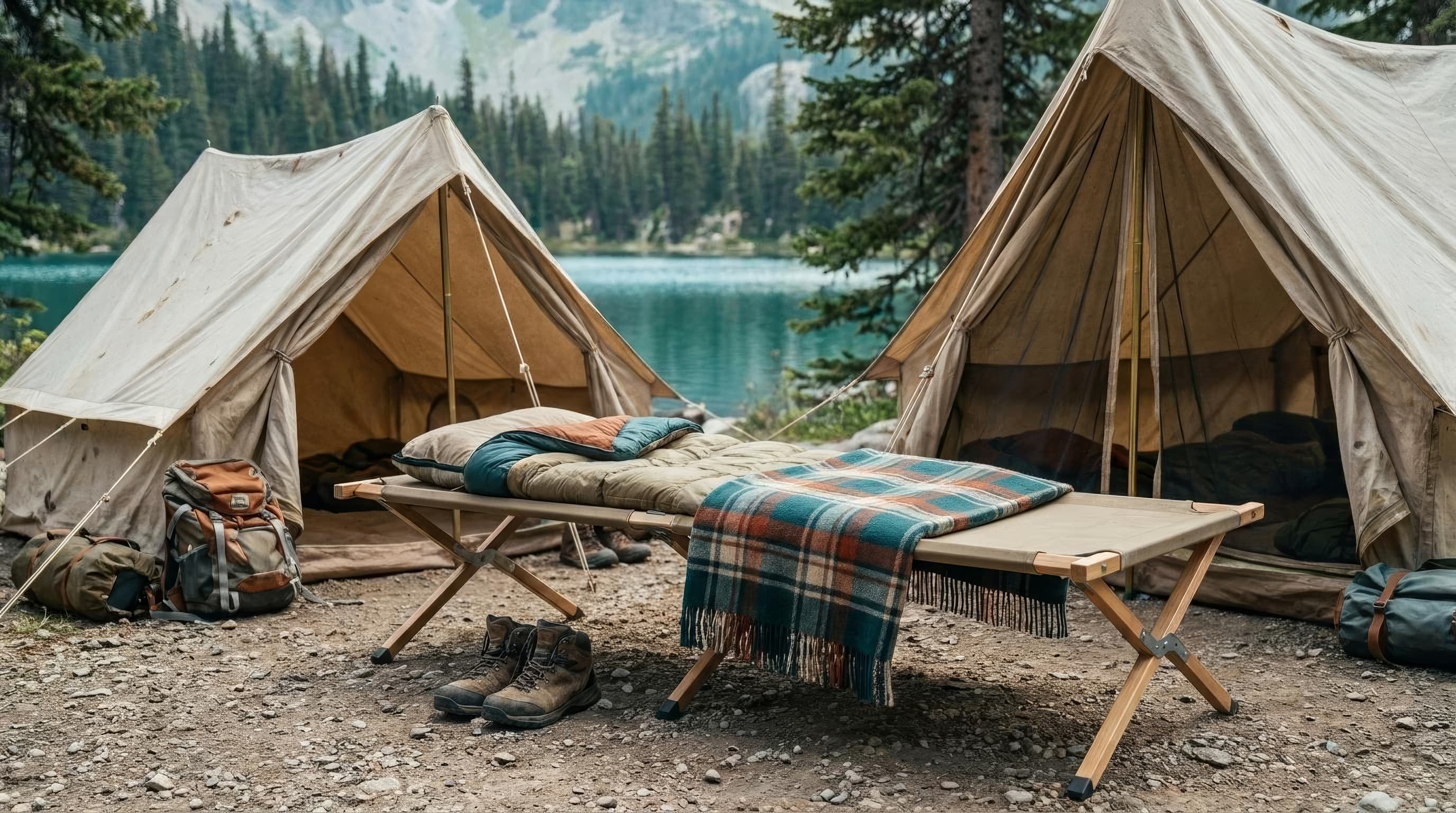 Coleman Trailhead II cot assembled at a simple family campsite
