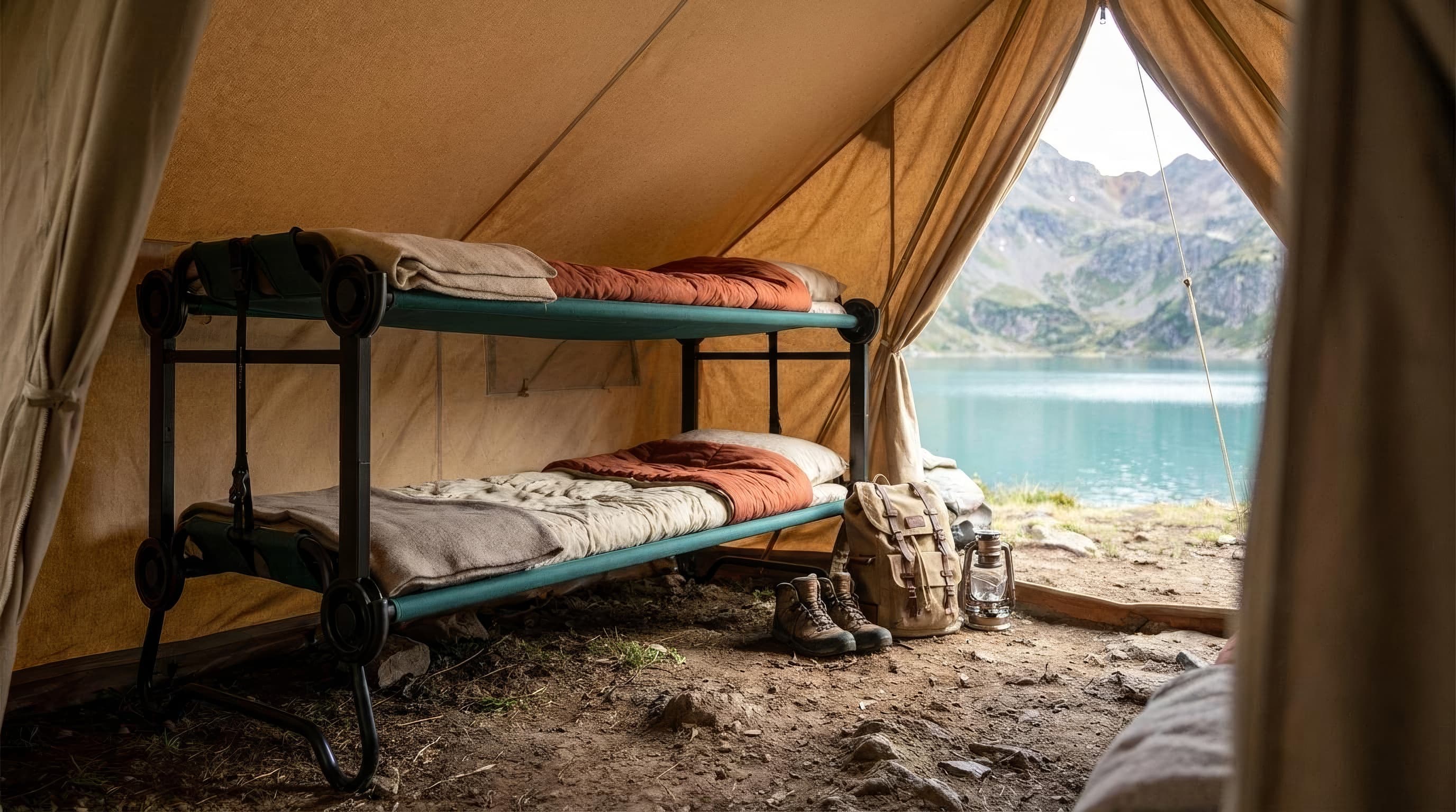 Disc-O-Bed Large bunk camping cot inside a tall family tent