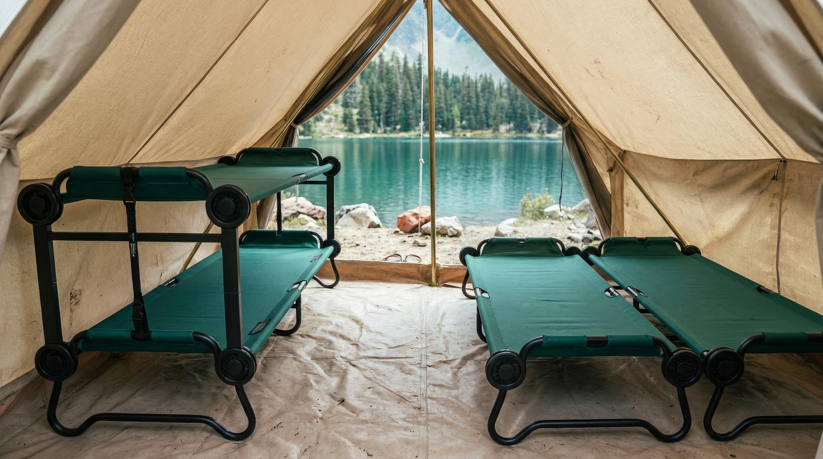 Disc-O-Bed bunk compared with two separate camping cots inside family tents