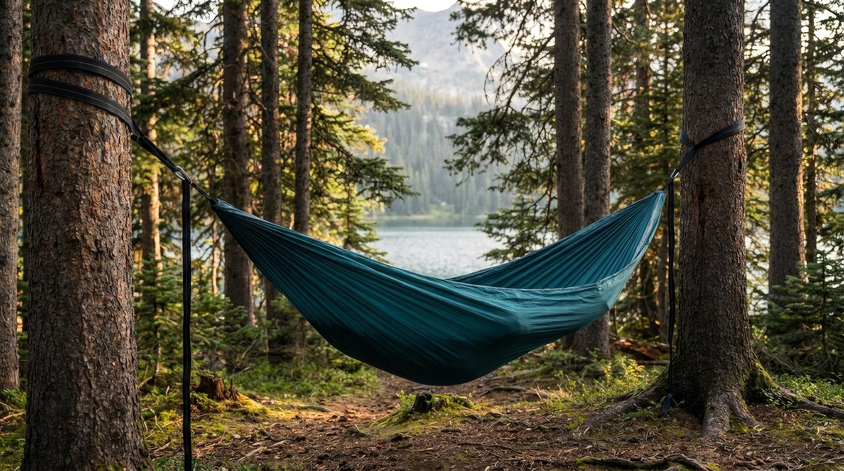 ENO DoubleNest hammock suspended between pines at a forest campsite