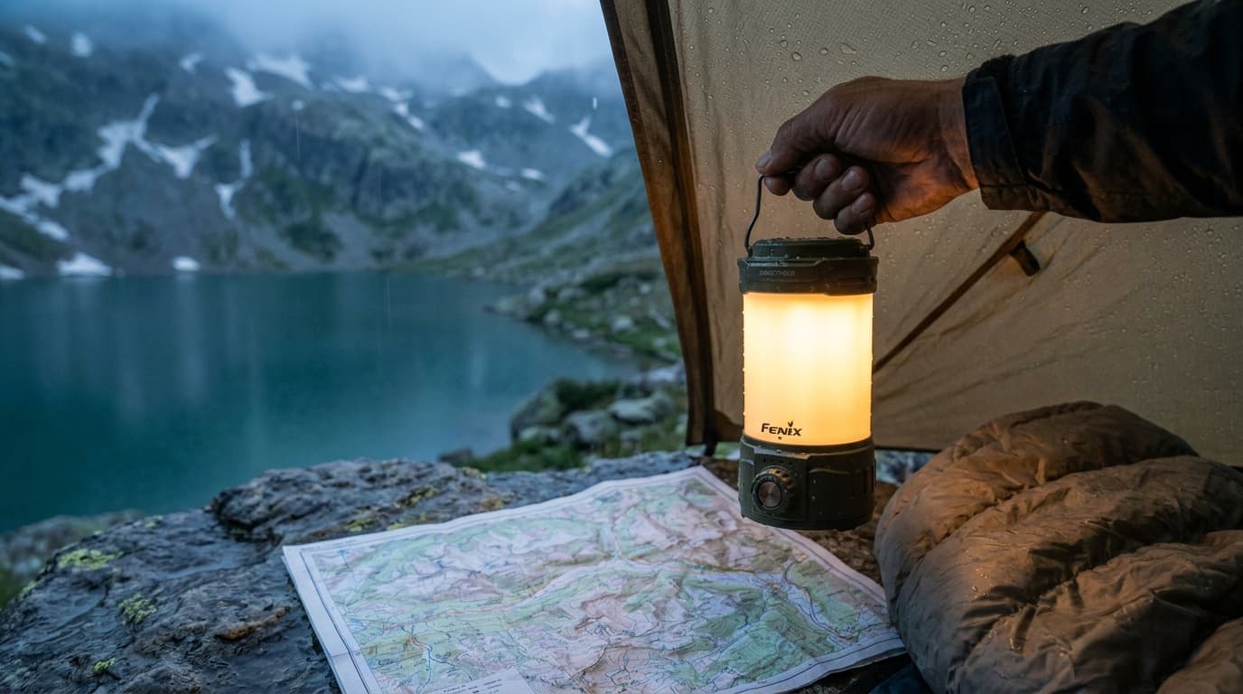 Fenix CL26R Pro rechargeable lantern displayed clearly with its hanging hook and compact body