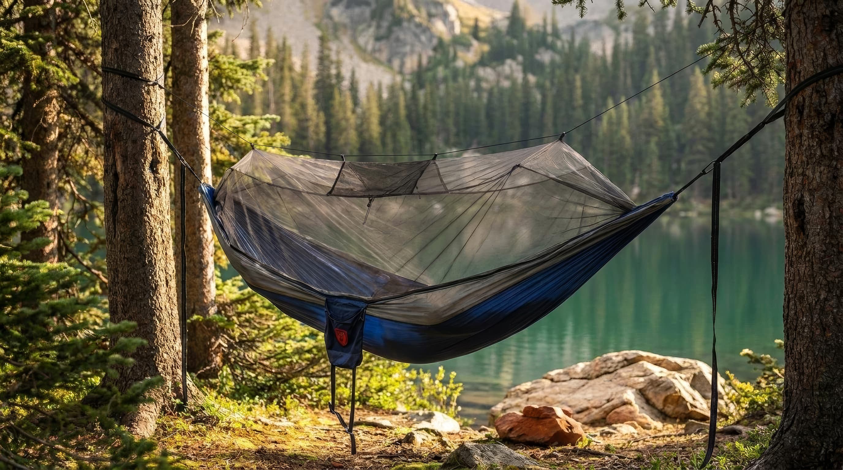 Grand Trunk Skeeter Beeter XT hammock with its bug net raised at camp