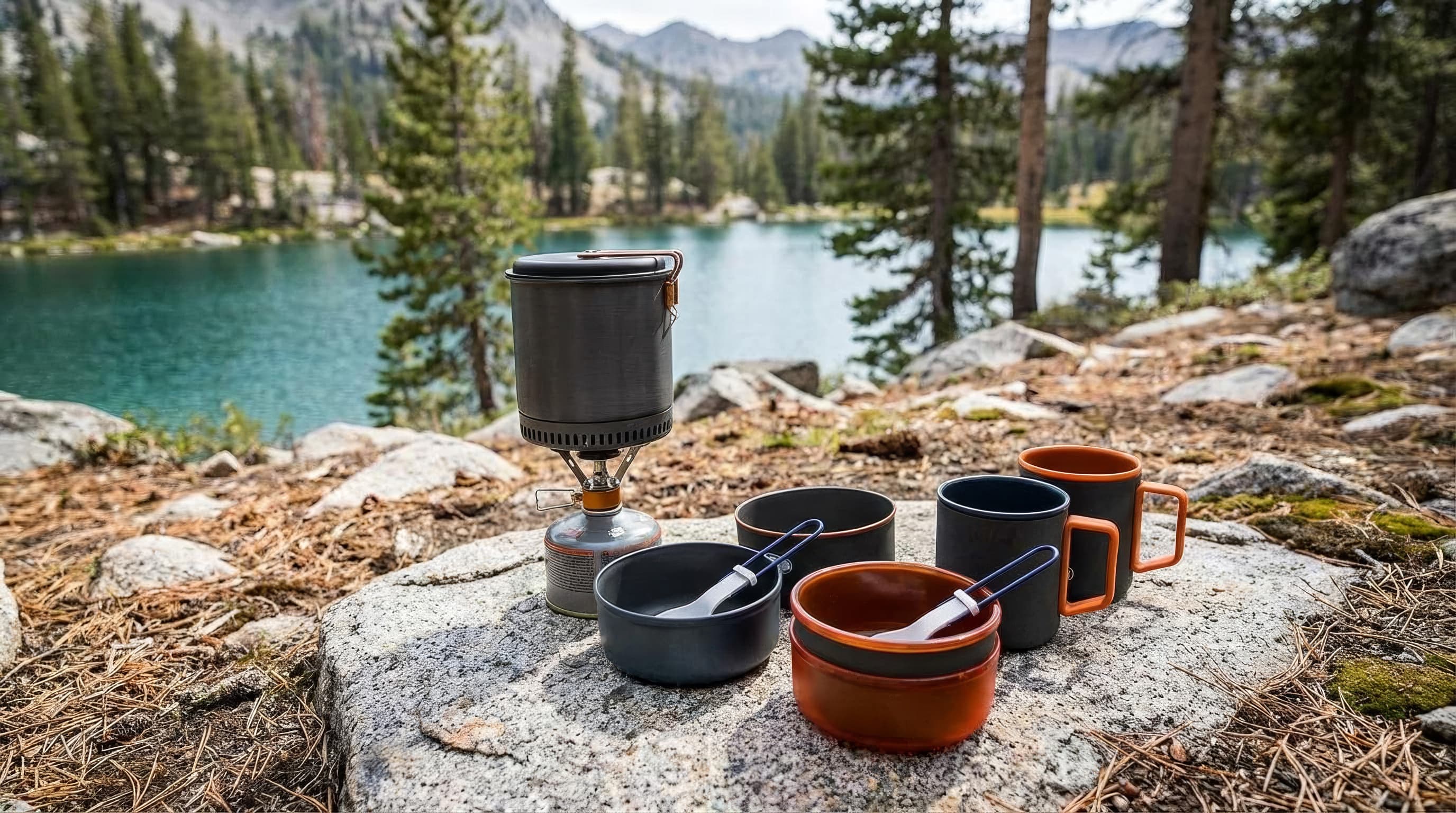 GSI Halulite Dualist HS cookware opened at a two-person mountain campsite
