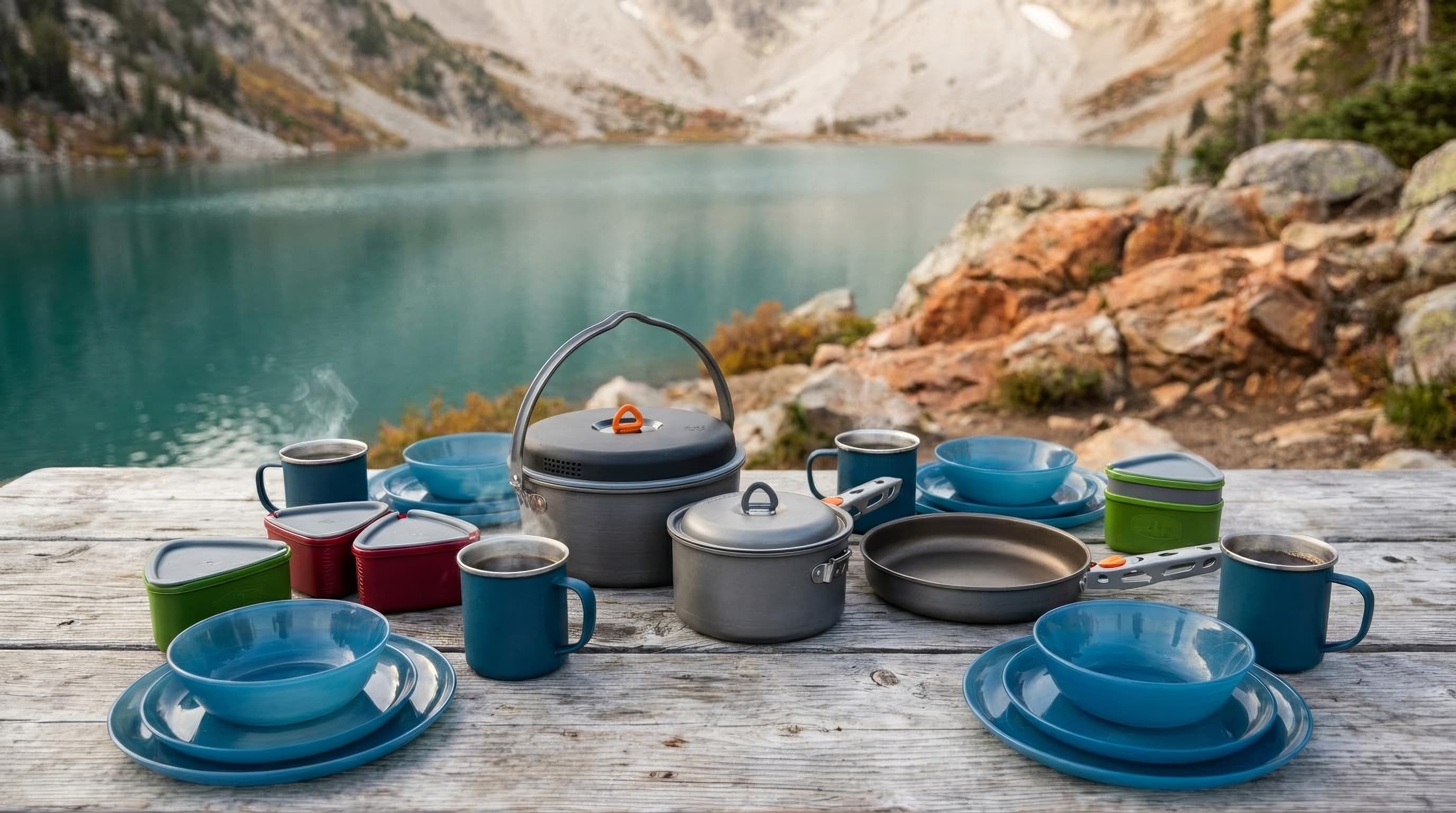 GSI Pinnacle Ceramic Camper cookware and four table settings at a family campsite
