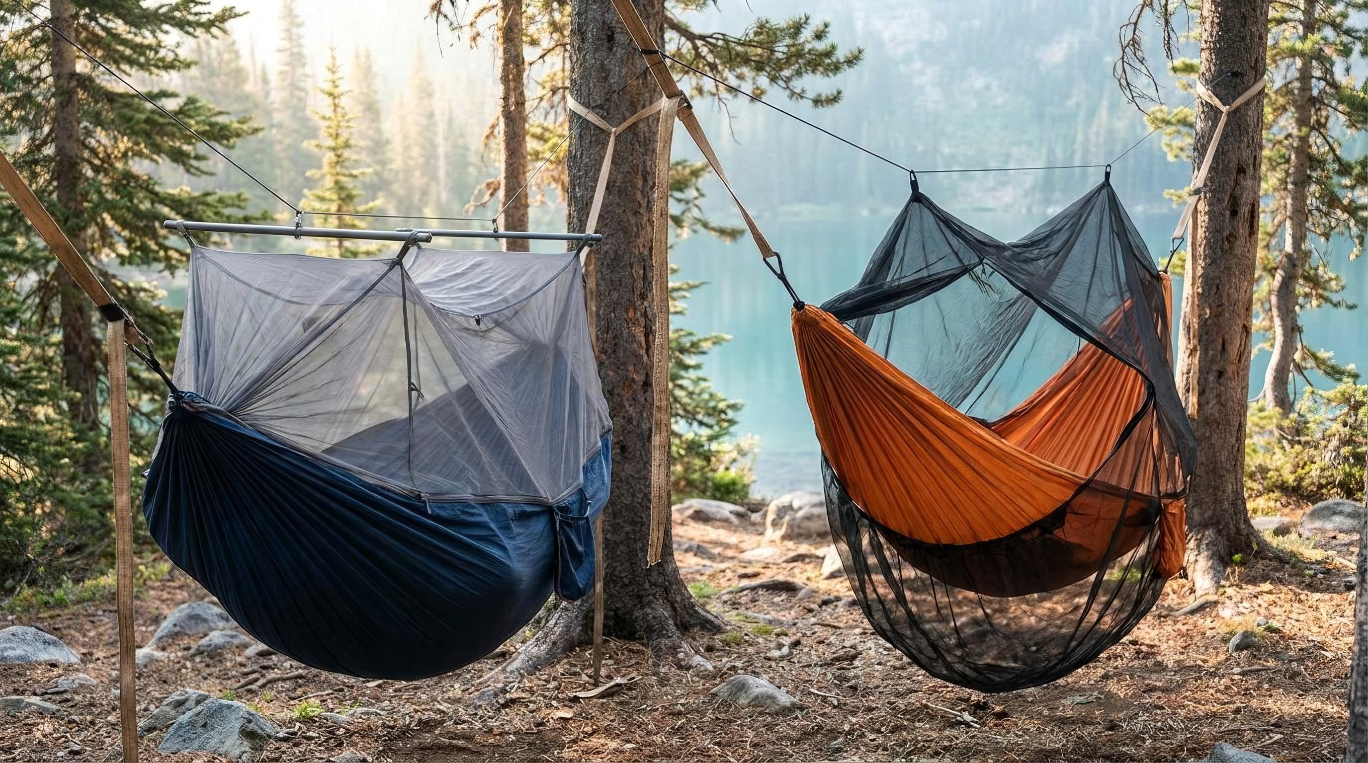 Camping hammock protected by mosquito netting beneath a forest canopy
