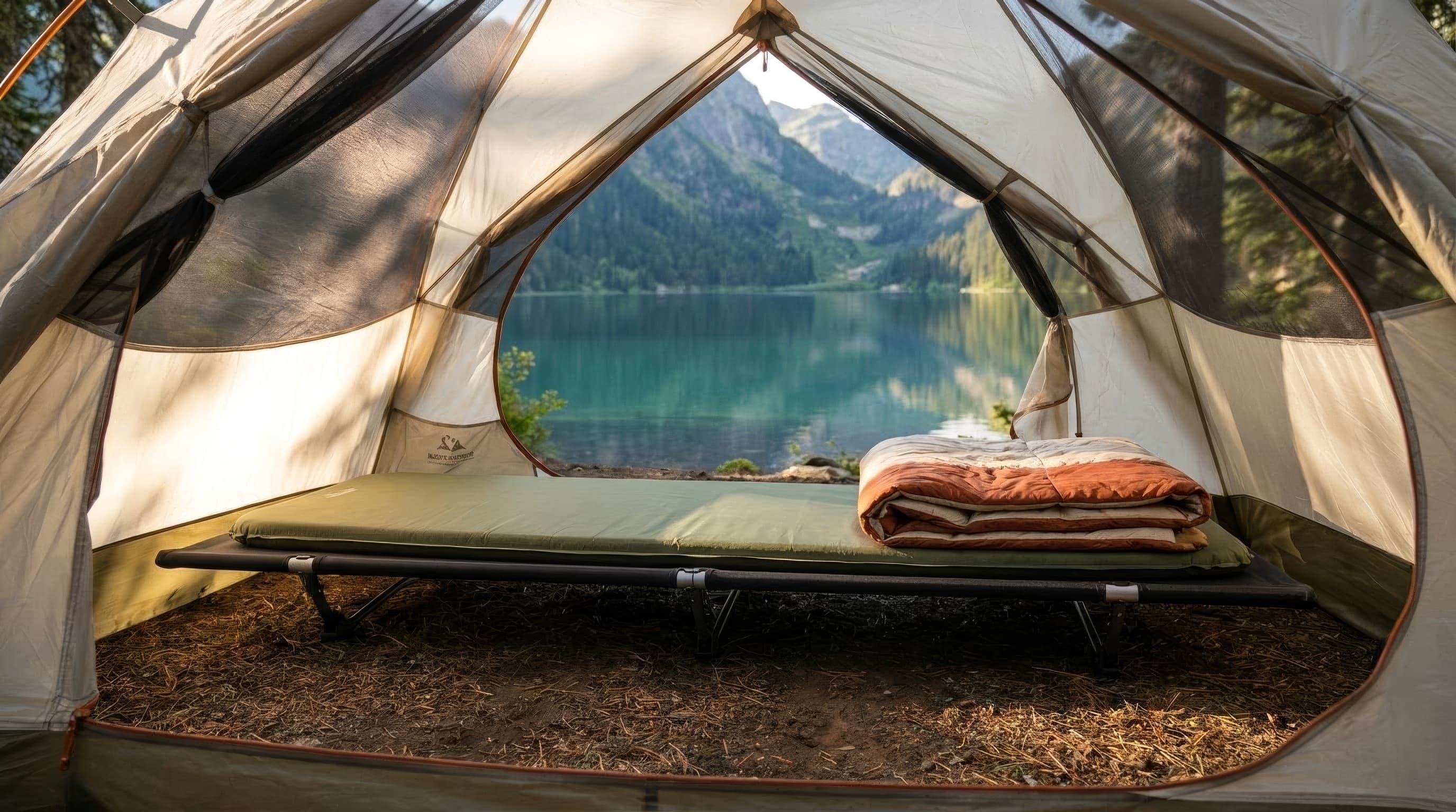 Helinox Cot One Convertible set low inside a compact camping tent