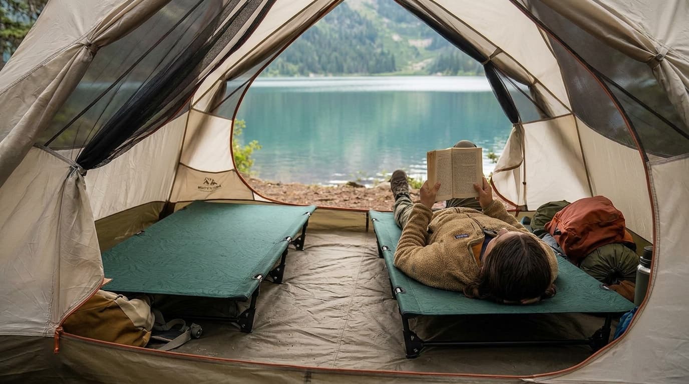 Helinox Cot One Convertible and Kelty Lowdown Cot compared inside two tents
