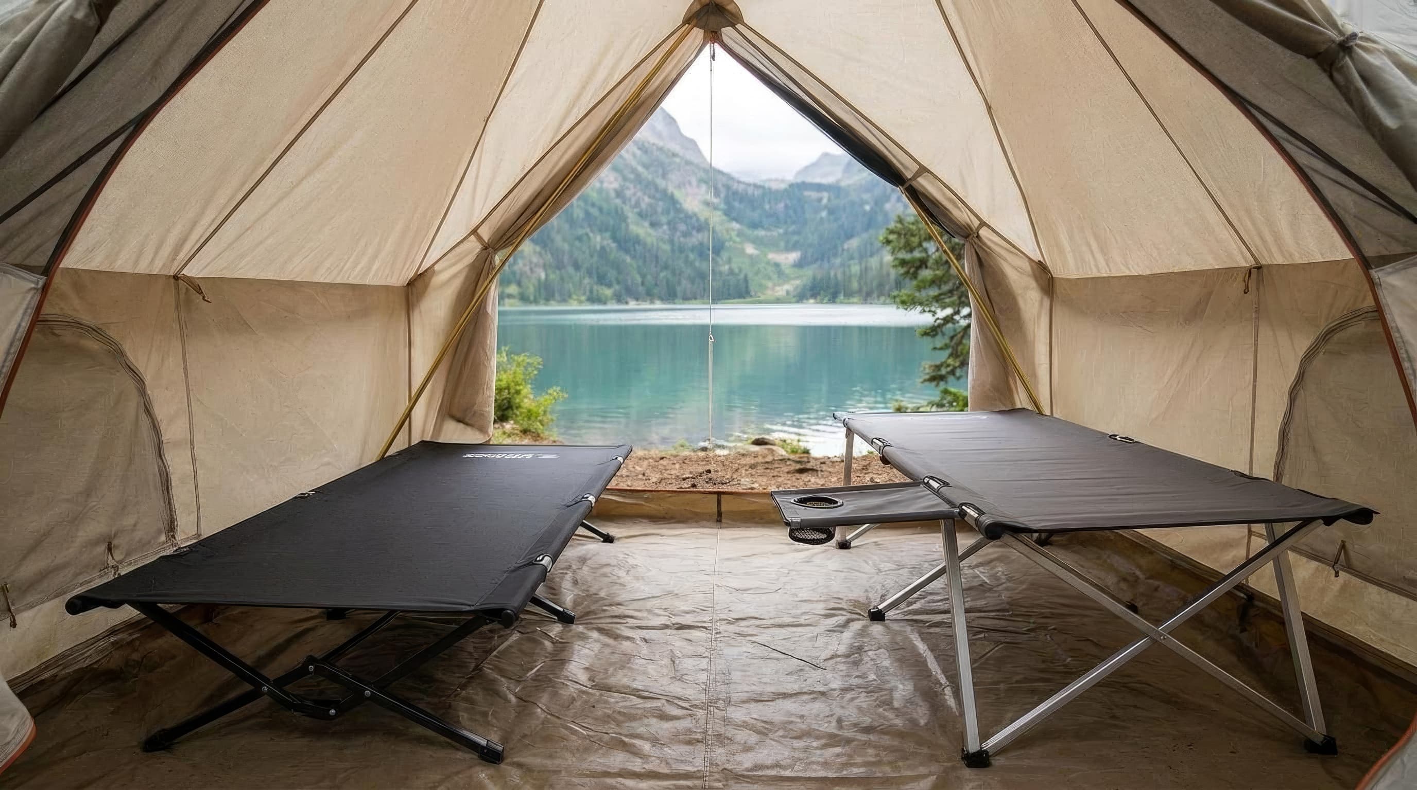Helinox Cot One Convertible and Kelty Lowdown Cot compared inside two tents