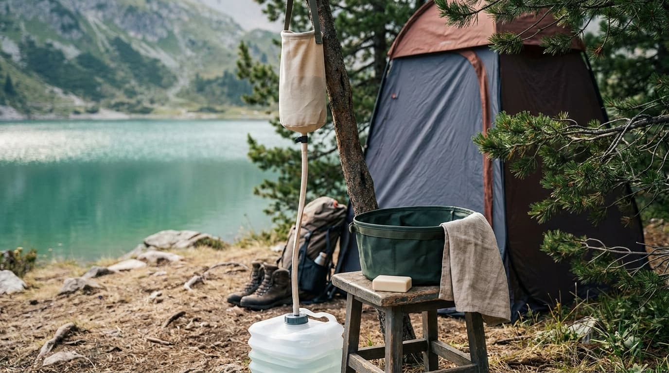 Large food-grade water containers arranged at a shaded car campsite