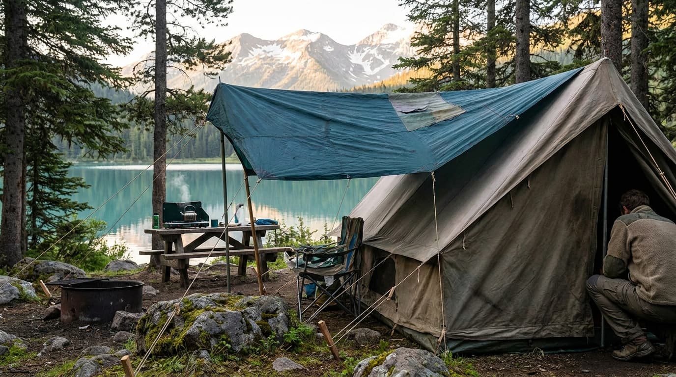 A car-camping tent floor plan, rainfly, poles, and packed bag arranged for comparison
