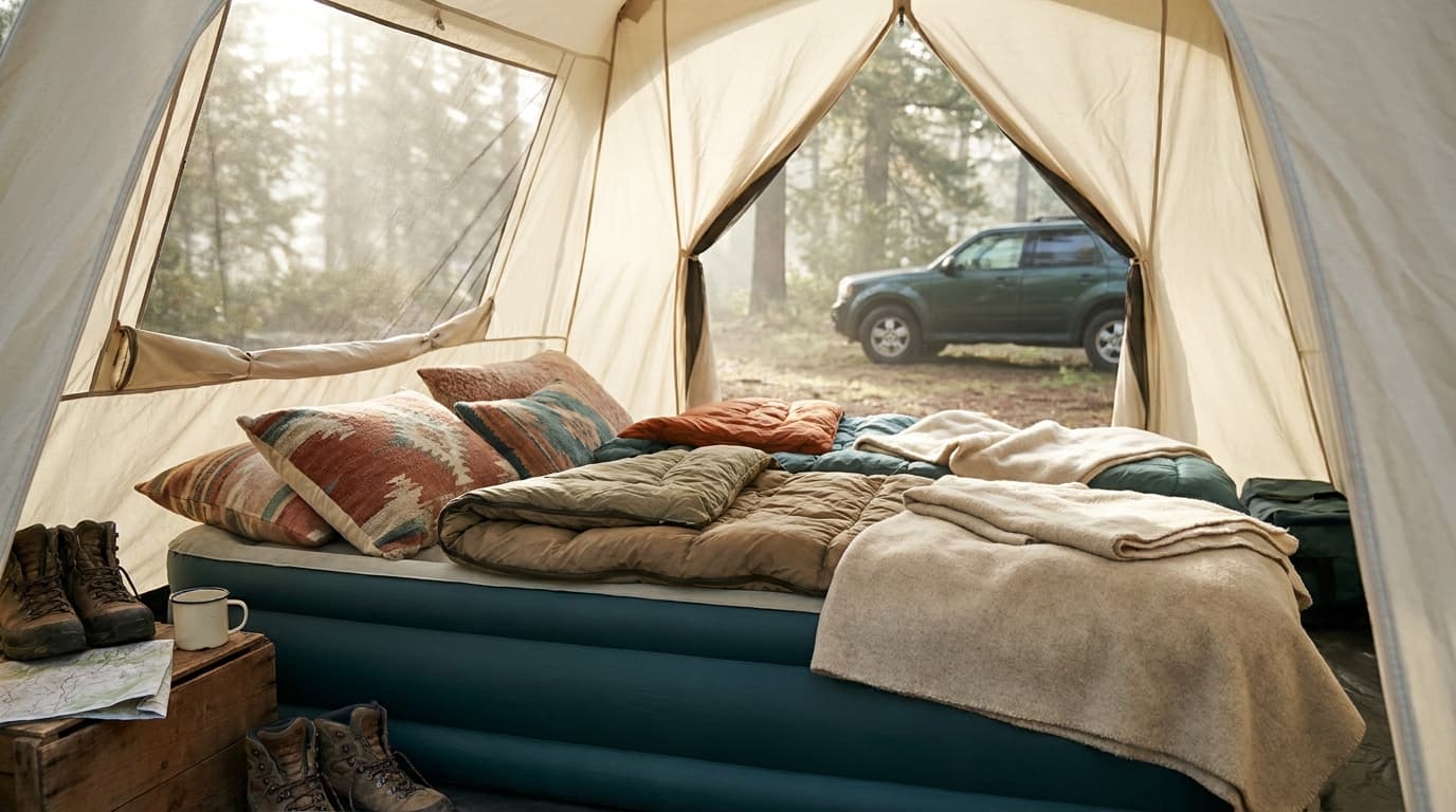 A queen air mattress with sleeping bags inside a large camping tent, morning light through the mesh door