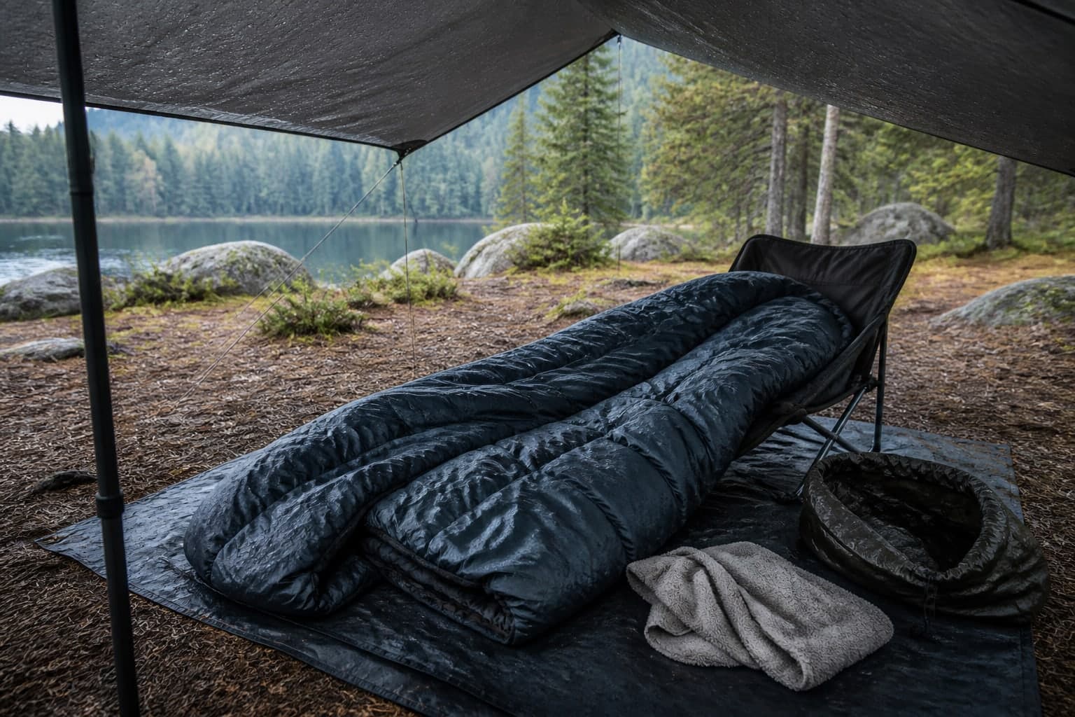 Sleeping bag spread on a camping cot beneath a tarp beside a lake